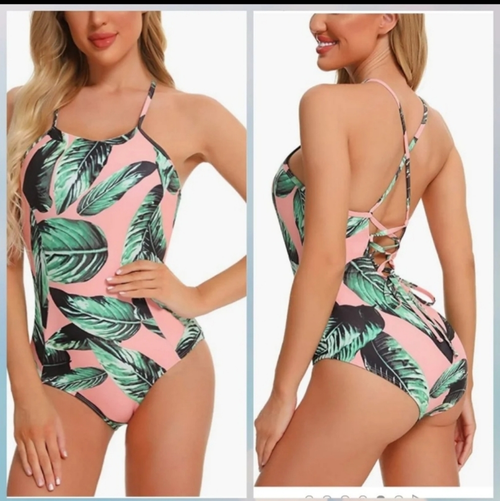 Ladies Medium Womens Tropical One-Piece Lace Up bathing suit NWOT